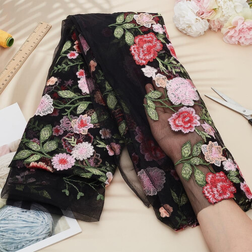 Tecido de tule floral de 1 jarda (49 polegadas) com bordado de flores, renda e malha para acessórios de vestuário. 2