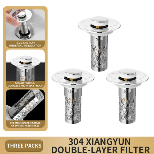 Small Diameter Washbasin Drain Plug 2 Pack, Universal Sink Filter Assembly, Pop-Up Push Button Core, Rust-Resistant, Compatible with Standard 1