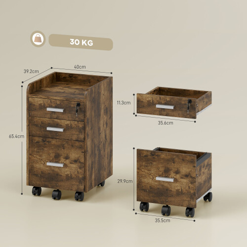 Homcom HOMCOM Mobile Filing Cabinet, Lockable File Cabinet with 2 keys Rustic Brown 2