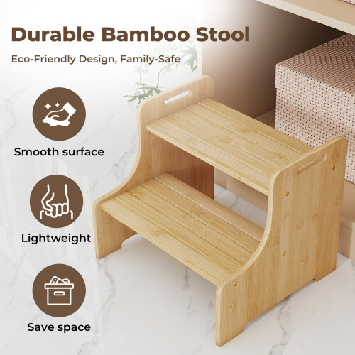 Levede Bamboo Step Stool with Handle Shelf Footstool Bathroom Kitchen Bed 220Lbs 1