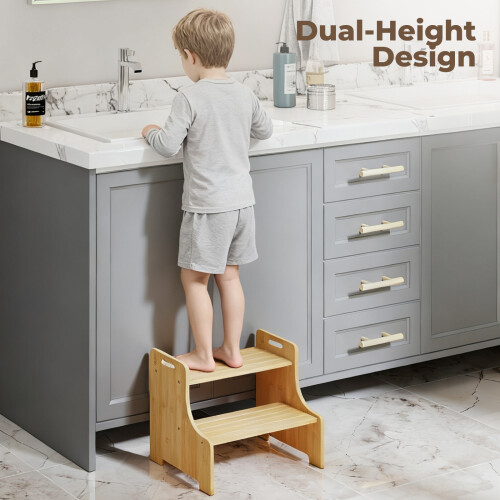Levede Bamboo Step Stool with Handle Shelf Footstool Bathroom Kitchen Bed 220Lbs 2
