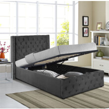 (3ft Single, With Lucy Mattress) Winged Plush Velvet Fabric Ottoman Gas Lift Up Storage Bed Frame