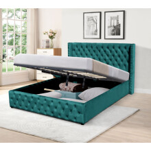 (4ft6 Double, With Kerri Mattress) Winged Plush Velvet Fabric Ottoman Gas Lift Up Storage Bed Frame