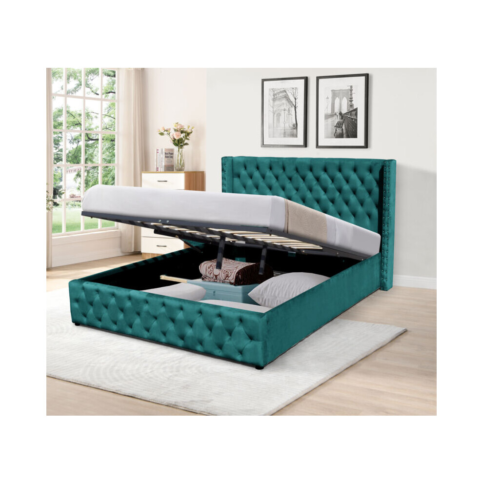Comfy Living (4Ft6 Double, No Mattress) Winged Plush Velvet Fabric Ottoman Gas Lift Up Storage Bed Frame