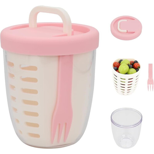 Frischobstbecher mit klappbarem Griff, Deckel, Gabel &