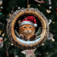 Orange Cat Christmas Ornament with Santa Hat, 2D Acrylic, 1