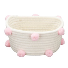 Cotton Woven Storage Basket with Pompom Decor Pink S