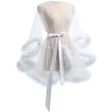 Halat kimono din plasă transparentă pentru femei cu garnitură din blană