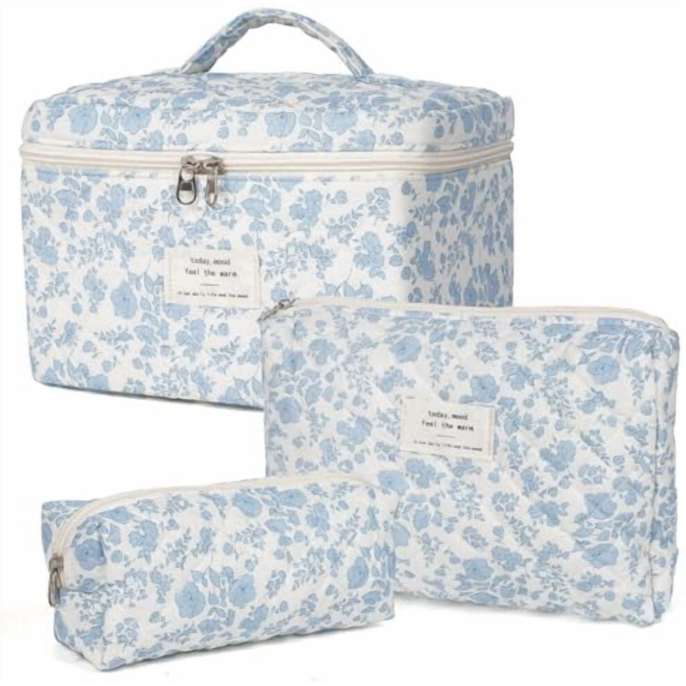 Quilted Floral Makeup Bag for Women, Large Travel Toiletry