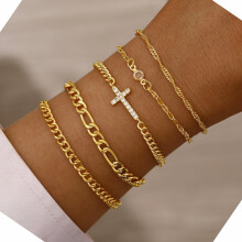 Damen-Armbandset mit Zirkonia-Kreuz, 14 Karat vergoldet, 5-teilig
