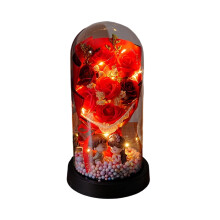 Dôme de fleurs séchées à 7 roses avec lumière LED et figurines de couple
