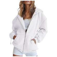 Damtröja med dragkedja och ficka, enfärgad casual sweatshirt, streetwear loungewear – vit, 3XL