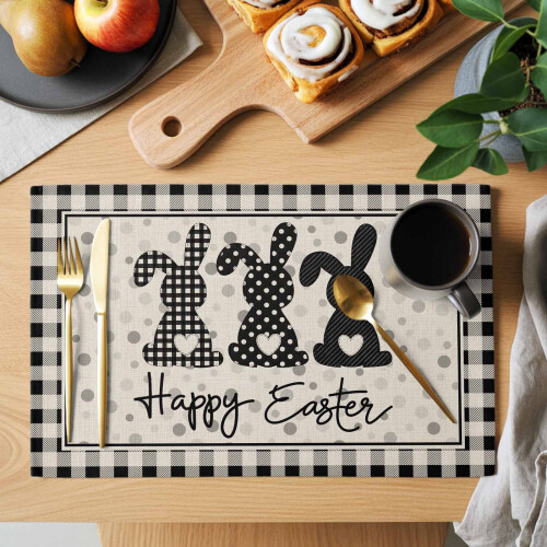 Σετ 12 σουπλά Happy Easter, μαύρο λαγουδάκι με πουά και λευκό καρό, λινή υφή, 1