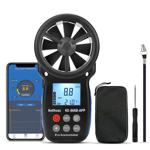 Kethvoz Digital Bluetooth Anemometer Handheld, Wireless Anemometer Wind Speed Meter Measuring Wind Speed/Temperature with Backlit and Max/Min/AVG for