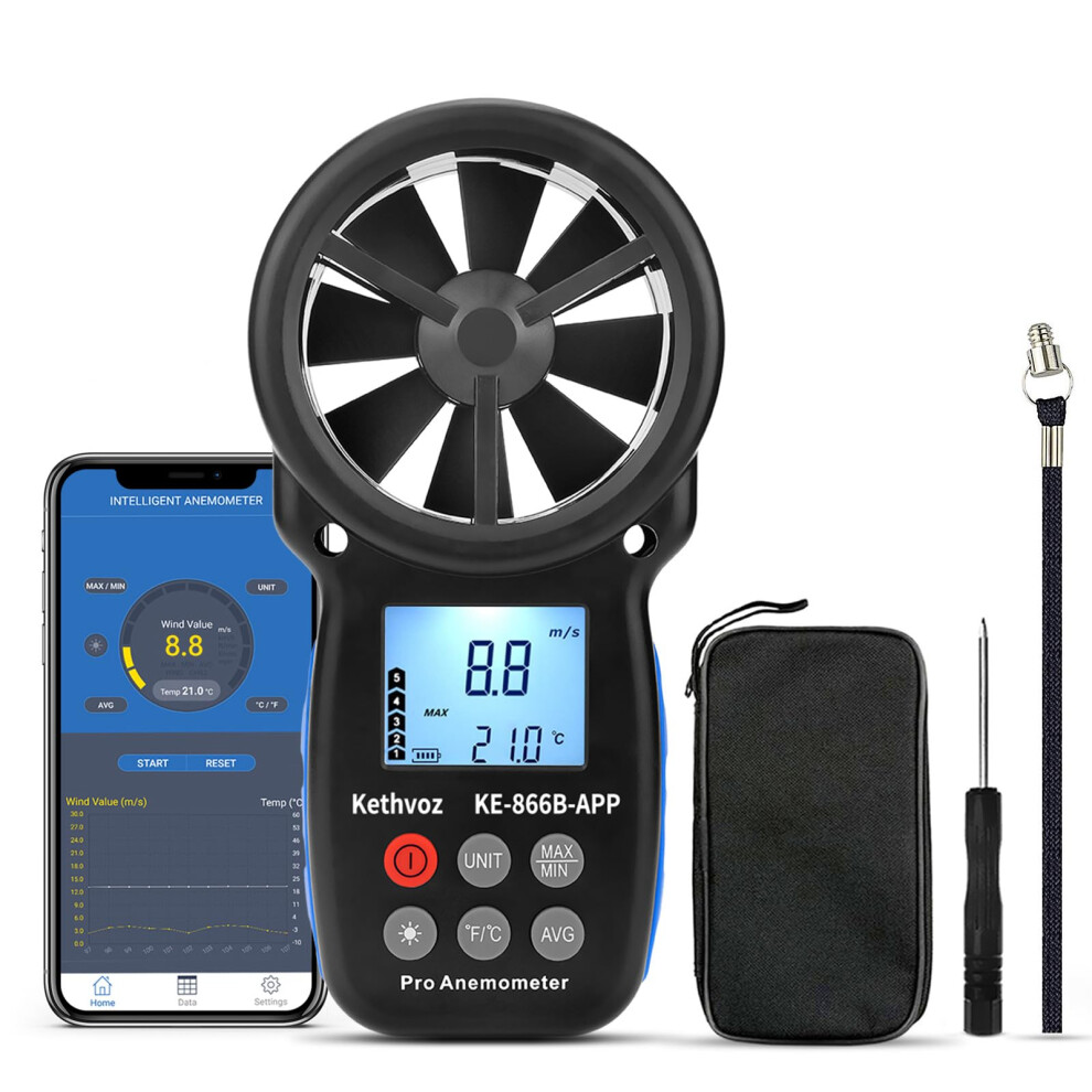 Kethvoz Digital Bluetooth Anemometer Handheld, Wireless Anemometer Wind Speed Meter Measuring Wind Speed/Temperature With Backlit And Max/Min/Avg For 5051224407057