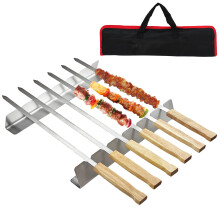 Aramanara 8 Pack 43cm Flat Kebab Skewers, Stainless Steel Long Barbecue Skewers with Wood Handles, Reusable Metal BBQ Skewer with Kebab Rack for