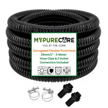 MYPURECORE Corrugated Flexible Pond Hose Set ? 25mm / 1" PVC Hose with 2 Double-Wired Metal Clips & 2 Barbed Water Tank Outlet Connectors ? for Pond