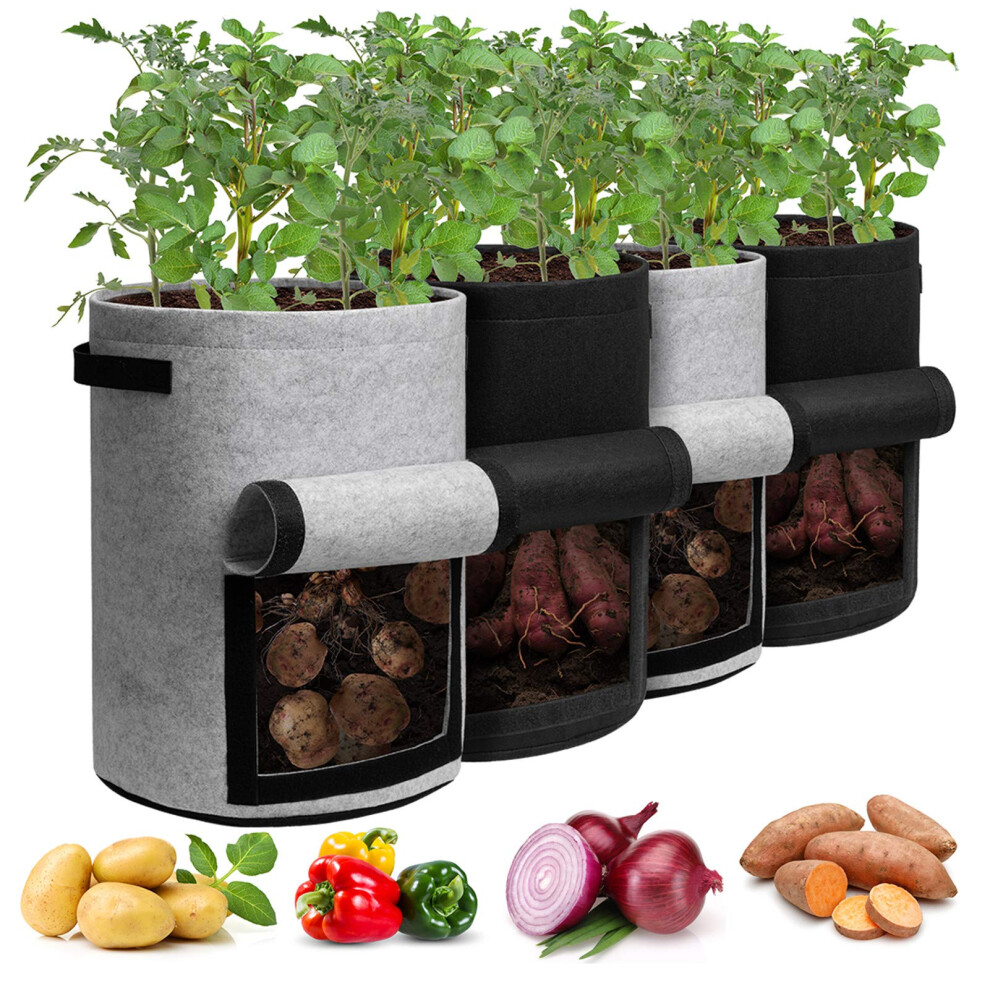 Potato Grow Bags With Flap 10 Gallon, 4 Pack Planter Pot With Handles And Harvest Window For Potato Tomato And Vegetables, And Black/Gray Homyhoo