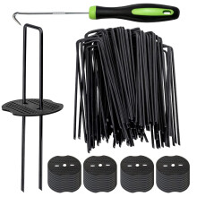 Bakulyor 100 Black Weed Control Membrane Pegs + 100 Buffer Washer, 6"/150mm Garden Pegs, Metal Ground Landscape Staples Artificial Grass Pins Ground