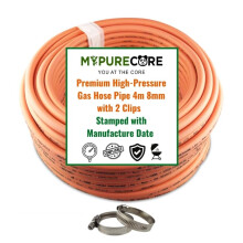 MYPURECORE 4m 8mm Premium High-Pressure Gas Hose Pipe with 2 Clips ? Durable LPG Propane/Butane Pipe, Stamped with Manufacture Date, for BBQ, Caravan,