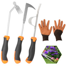 CAKKVDE 3 Pack Weed Remover Tool with Rubber Handle & Gardening Gloves - Stainless Steel Garden Weeding Tools for Patio, Backyard, Farm - Portable