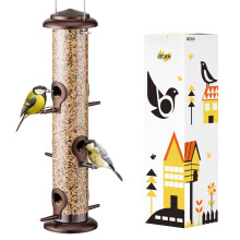 iBorn Metal Bird Feeder 6 Ports Hanging Wild Bird Feeder Bird Feeders Hanging Sunflower Heart Feed Column Feed Silo for Birds Coffee 15 Inch 6 Port