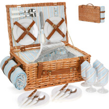 HappyPicnic Wicker Picnic Basket Set for 4 Persons - Large Willow Hamper with Large Insulated Cooler Compartment, Free Waterproof Blanket and Cutlery