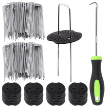 Glarks 201Pcs Garden Stakes & Staples Kit: 100Pcs 6" U-Shaped Staples, 100Pcs Fixing Gaskets, 1Pc Pick Hook for Weed Barrier, Ground Cover, Fence, &