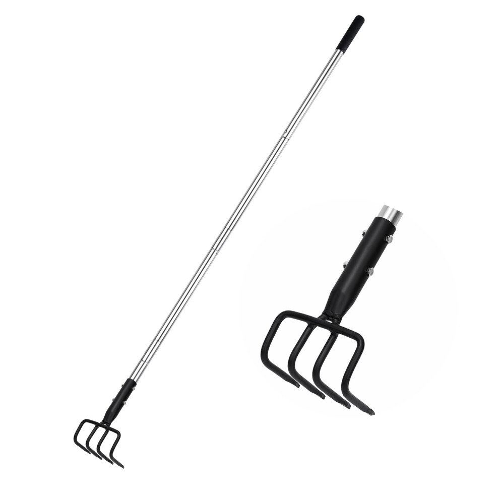 Baraystus Garden Claw Rake And Cultivator, 4-Tine Hand Cultivator Tool With Adjustable Long Handle For Soil Aeration, Digging And Weeding