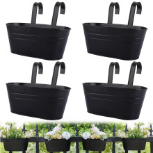 SHUESS 4 Pcs Iron Hanging Flower Pots - Balcony Planters for Railing with Detachable Hook - Metal Hanging Plant Pots Outdoor for Fence Balcony Garden,