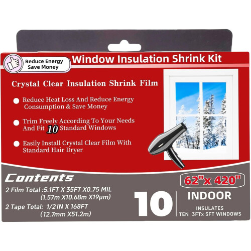 Kit de isolamento térmico para janelas com 10 unidades (62 polegadas x 420 polegadas), o kit de película isolante para janelas impede a entrada de 2