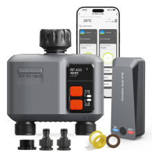 johgee Smart WiFi Water Timer 2 zone for Irrigation with 984 Feet RF Gateway, 2 Outlet Remote Control Sprinkler Hose Timer for Garden Hose, Rain