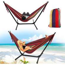 Hammock with Stand for Outside,Stable Space Saving Metal Stand 2 Person 600lbs Weight Capacity Hammock with Carrying Bag for Indoor & Outdoor, Red