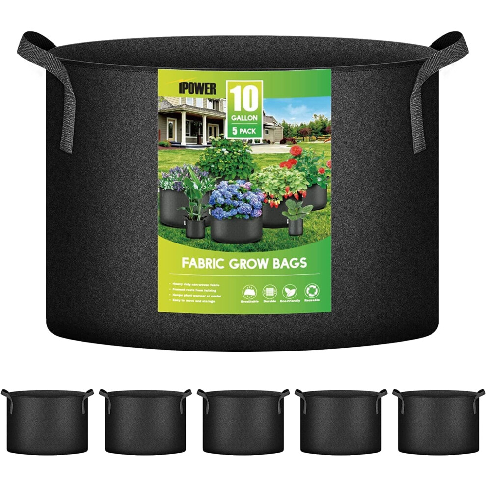 Ipower 10 Gallon 5-Pack Grow Bags Fabric Aeration Pots Container With Strap Handles For Nursery And Plants (Black)