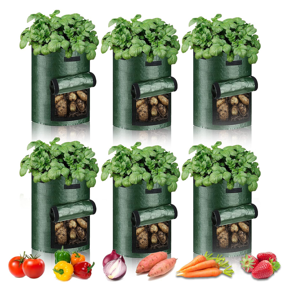 Potato Grow Bags 10 Gallon-6 Packs, Growing Potatoes Tomato Carrot & Other Vegetable, Heavy Duty Thickened Garden Growing Bags With Window And Pfihom