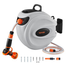 VEVOR Retractable Hose Reel, 115 ft x 1/2 inch, 180? Swivel Bracket Wall-Mounted, Garden Water Hose Reel with 9-Pattern Nozzle and 3 Fast Adaptors,