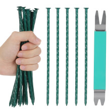 CAKKVDE 50 Pack 20cm Green Metal Garden Pegs, 6 Gauge Heavy Duty Artificial Grass Spikes, Lawn Edging Stakes with Nail Puller for Landscape, Weed