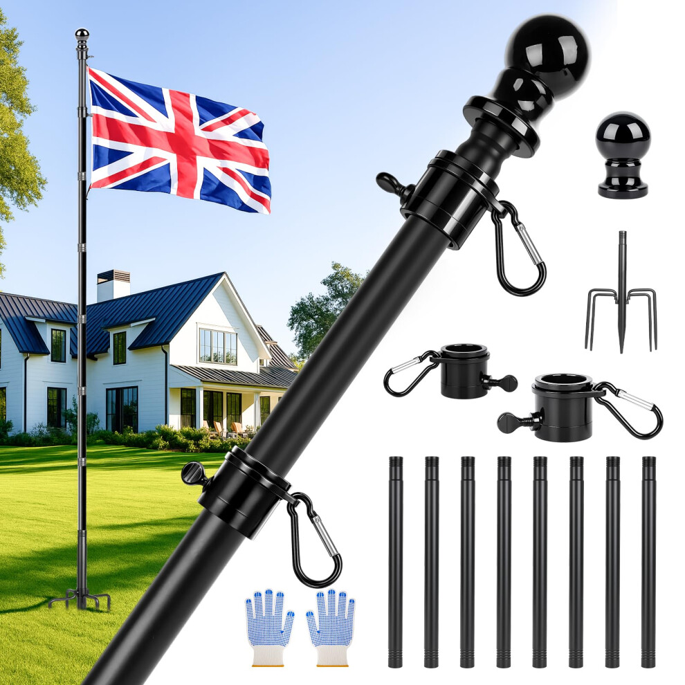 Orifesio 12 Ft Flag Pole For Garden, Flagpole Kit With 5 Prongs Base, Heavy Duty Ground Flag Poles For Outside House, Extra Thick Flagpoles For