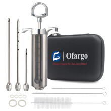 Ofargo 304 Stainless Steel Meat Syringe with 3 Marinade Needles and Travel Case for Barbecue, Smoking, 57 ml, Large Capacity, Instruction Manual and