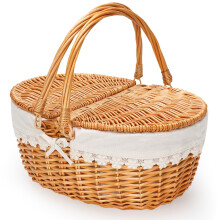 Wicker Picnic Basket with Removable Liner, Empty Picnic Baskets with Lid, Vintage-Style Picnic Hamper with Folding Woven Handle for Picnic, Camping,