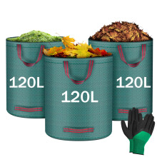 Flintronic 3Pcs 120L Heavy Duty Garden Bags,Reusable Gardens Sacks with 1 Pair of Work Gloves,Green Waste Sack with Handles, Tools Bags for Garden