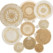 Weldomcor Boho Wall Decor Set of 10 Rattan Flower Wall Decor Woven Wall Basket Decor Handmade Seagrass Round Wall Decor Chic Wall Art for Home Living