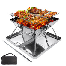 Hanviter Portable Fire Pit for Camping: Collapsible Stainless Steel Grill with iron Carry box, BBQ Camping stove for Picnics, Barbecue, Bonfire,