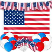 AhfuLife American USA Flags Set for 4th July Decorations, 1pcs 5 * 3ft America Flag, 30pcs American Bunting, 10pcs USA Handheld Flags and 15pcs
