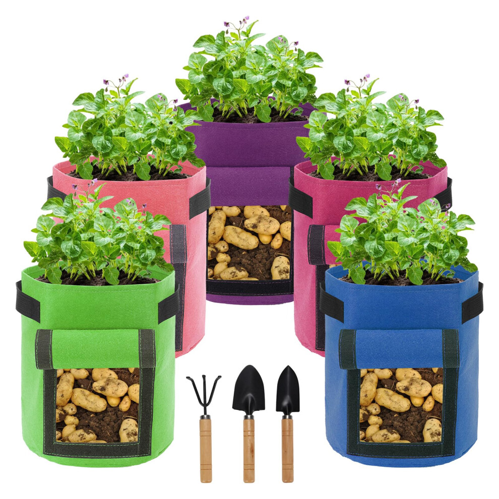 5 Pack 10 Gallon Potato Grow Bag, Potato Planting Bag, Colorful Plant Grow Bags With Handles, Garden Planter Pots With Harvest Window For Potatoes, Cskunxia