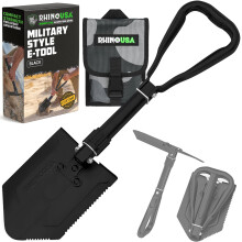 Rhino USA Folding Survival Shovel with Pick - Heavy Duty Carbon Steel Folding Shovel for Off Road, Camping, Gardening, Beach, Digging Dirt, Sand, Mud