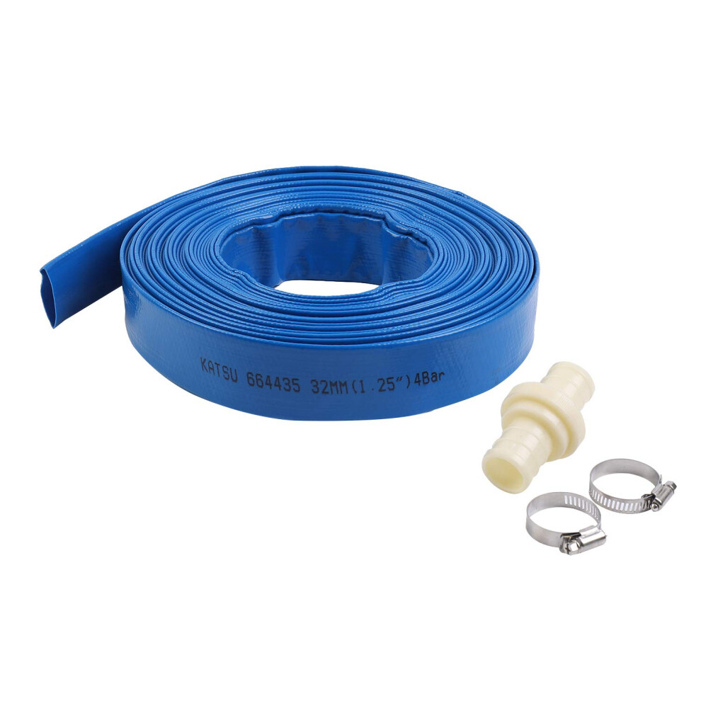 Katsu Layflat Discharge Hose Pipe 20M X 32Mm 1-1/4 Inch Diameter With 2 Clips And Quick Coupler Connector, Fits Submersible & Other Water Pumps For 5051224473717