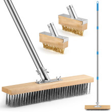 ???COZCLAM Heavy Duty Wire Broom Set with 61" Stainless Steel Handle ? Extra Large 13.8? Floor Scrubber & 2 Crevice Brushes for Patio, Deck, Driveway,