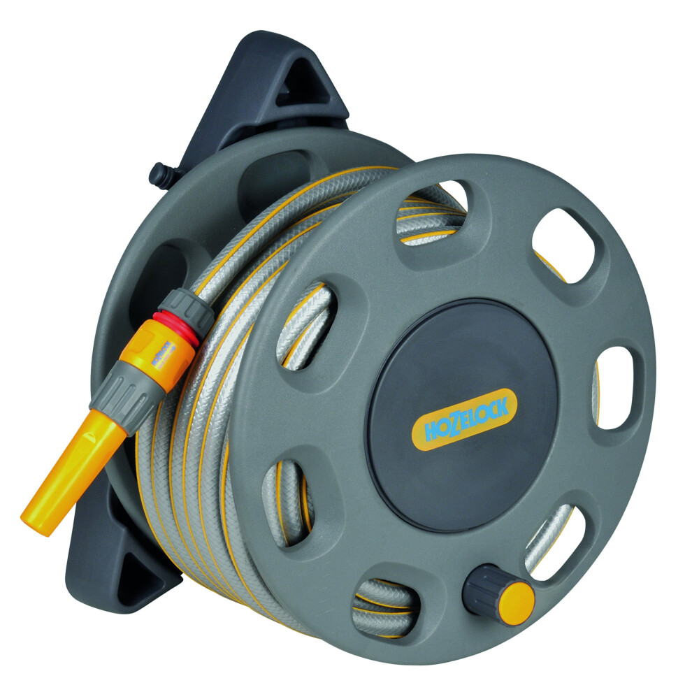 Hozelock - Wall-Mounted 30M Hose Reel With 15M Hose : Easy-To-Install Wall-Mounted Hose Reel With Handle, Complete With Hose Guide, Nozzle, Fittings