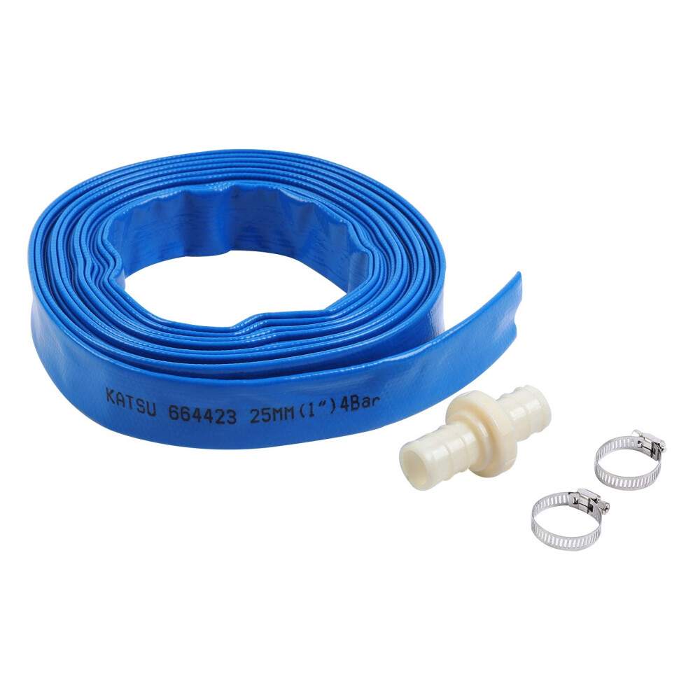 Katsu Layflat Discharge Hose Pipe 10M X 25Mm 1-Inch Diameter With 2 Clips And Quick Coupler Connector, Fits Submersible & Other Water Pumps For 5051224476596